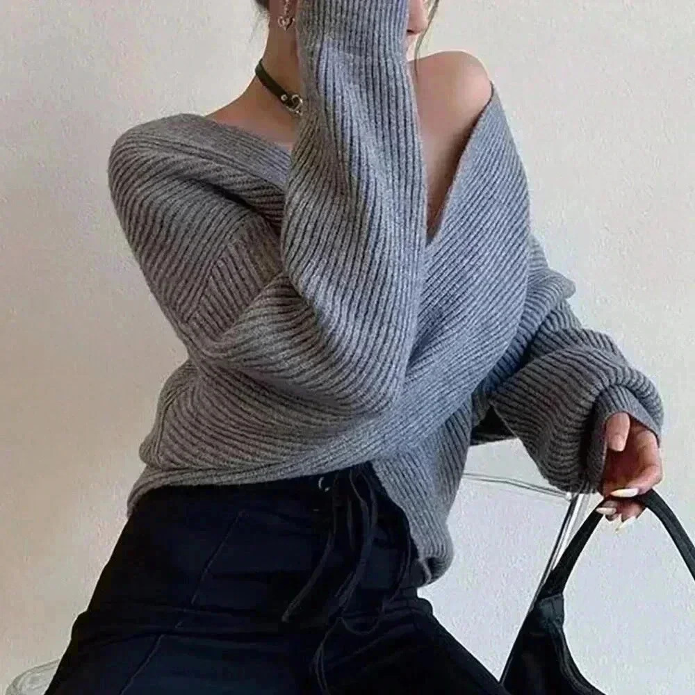 Grey Casual Women's Crossover Wrap Sweater - Picture 2 of 4